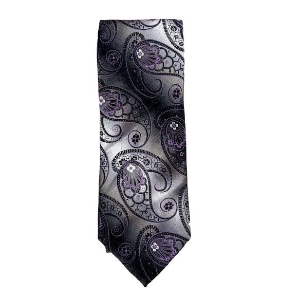 Mario Ferrari Hand Made Gray Purple Paisley Floral‎ Mens Tie 100% Silk - Picture 1 of 5